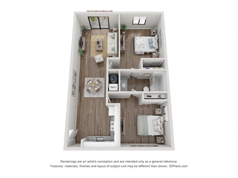 a stylized floor plan of a 2 bedroom floor plan